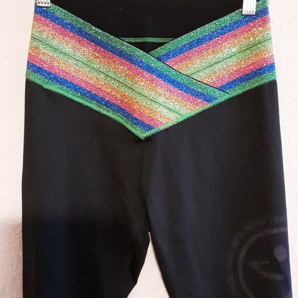 Zumba Wear Rainbow Sparkle Glitter Belted Workout Spellout Black Leggings M - Picture 2 of 13